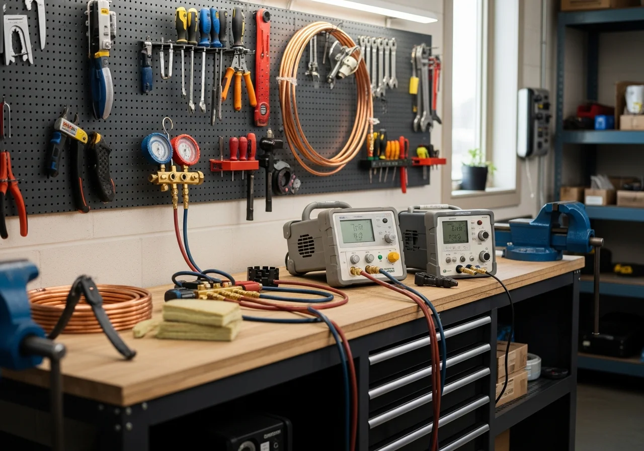 HVAC technician tools and equipment on a workbench, representing professional heating and cooling service expertise.