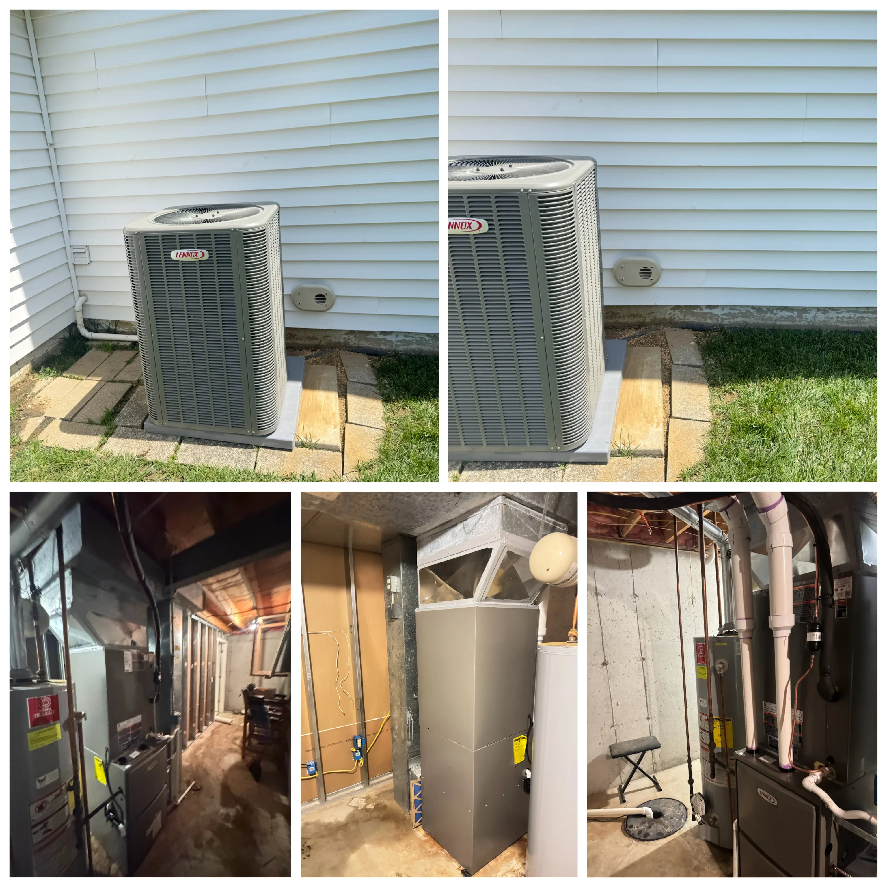 Lennox AC condenser units installed on concrete pads with ductwork and air handler in mechanical room