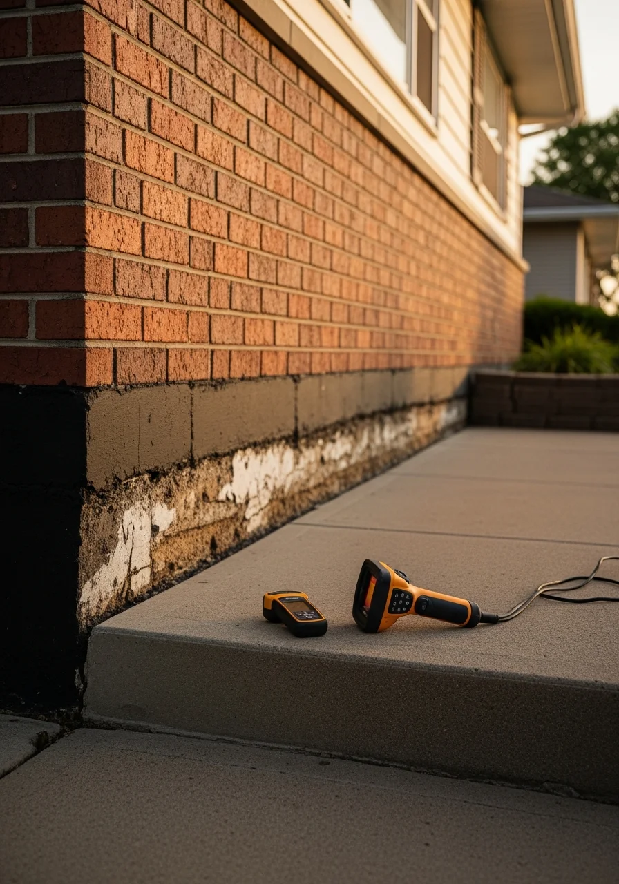 Professional service technician inspecting a Florissant home's foundation, showing careful diagnostic work.
