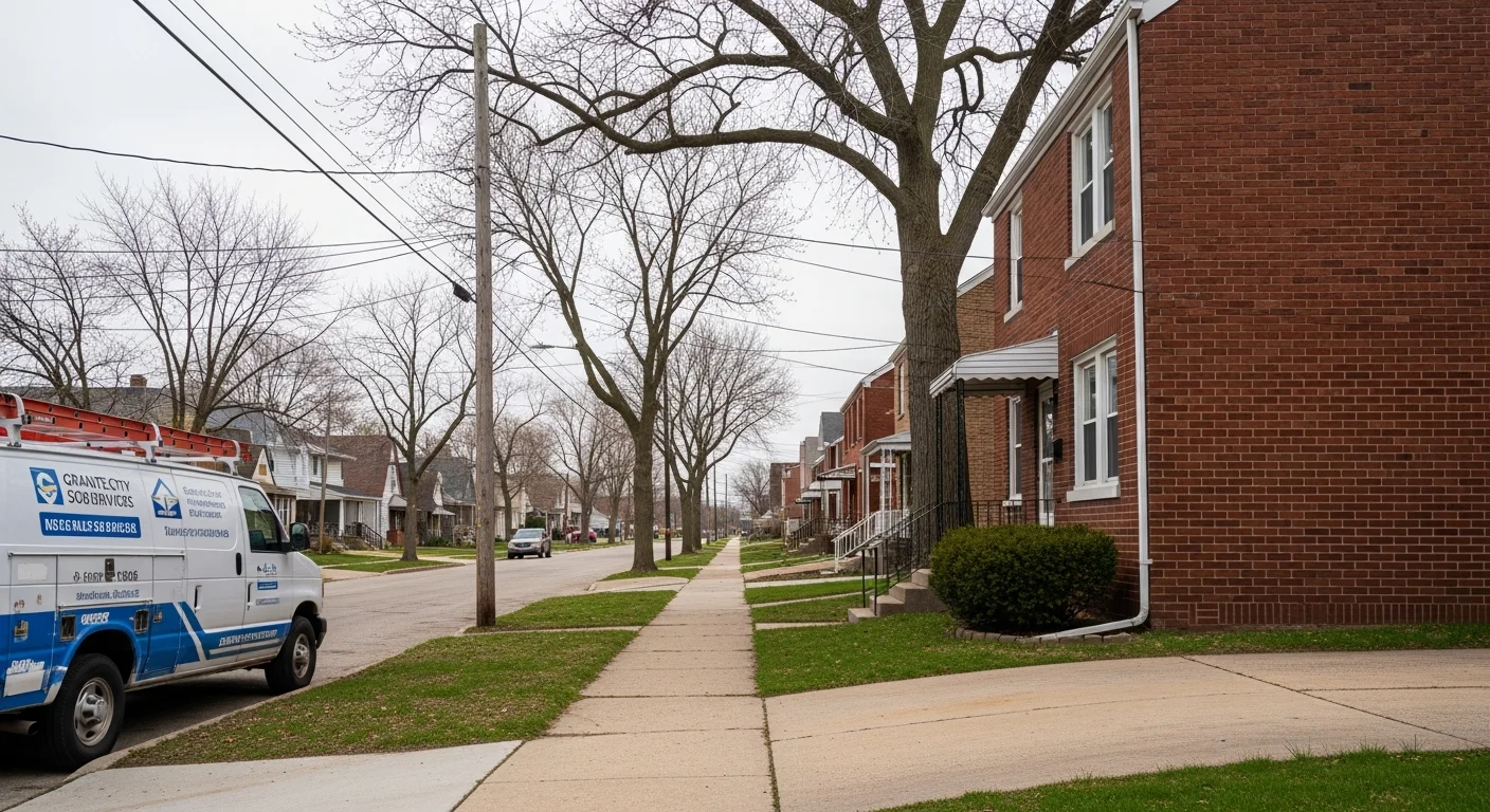 Granite City residential street with older brick homes and mature trees, showing typical property styles in the area.