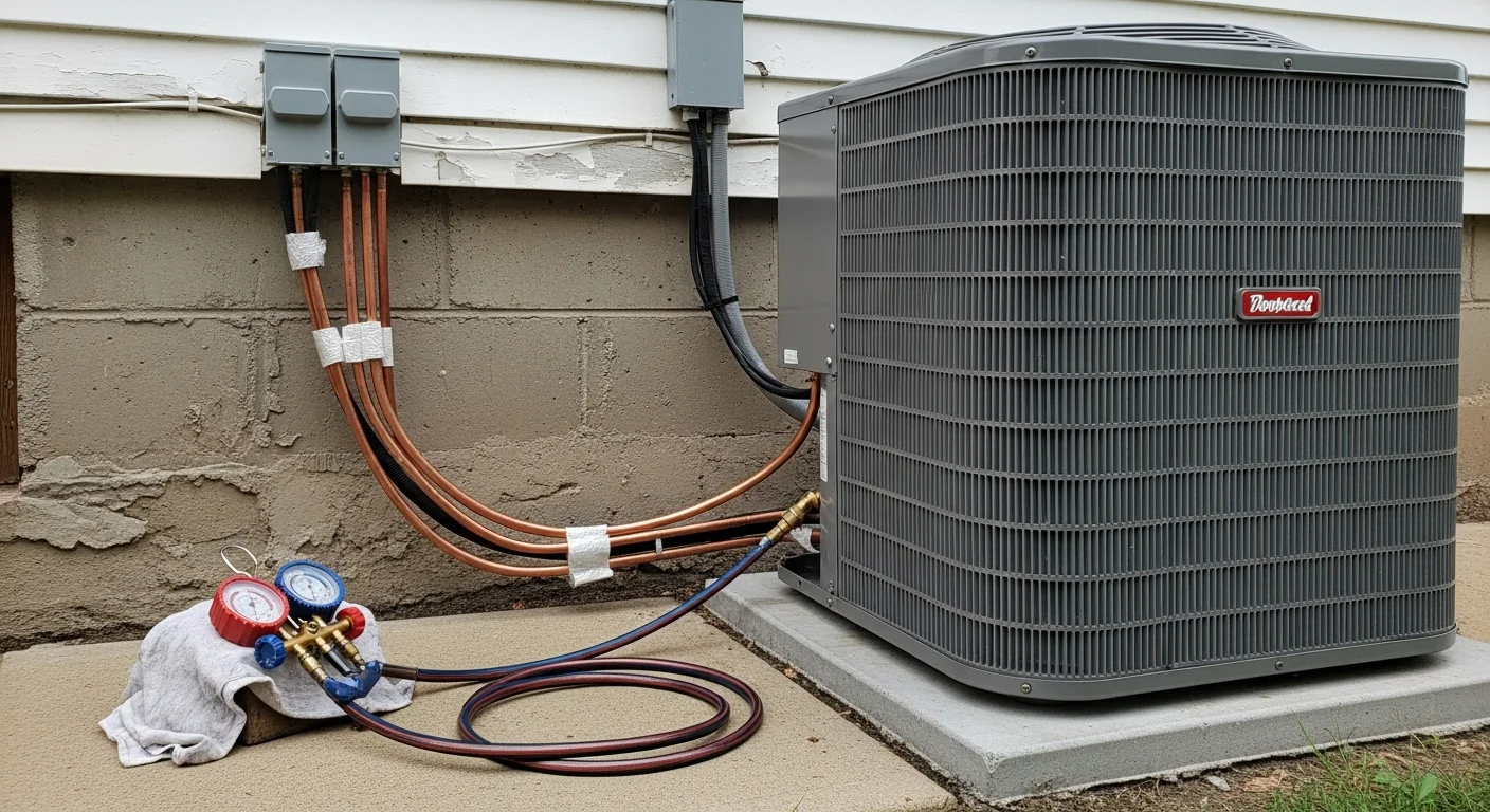 A newly installed central air conditioning condensing unit positioned on a concrete pad beside a single-family home in Granite City, Illinois. A technician in a work uniform checks the refrigerant line connections on the outdoor unit.