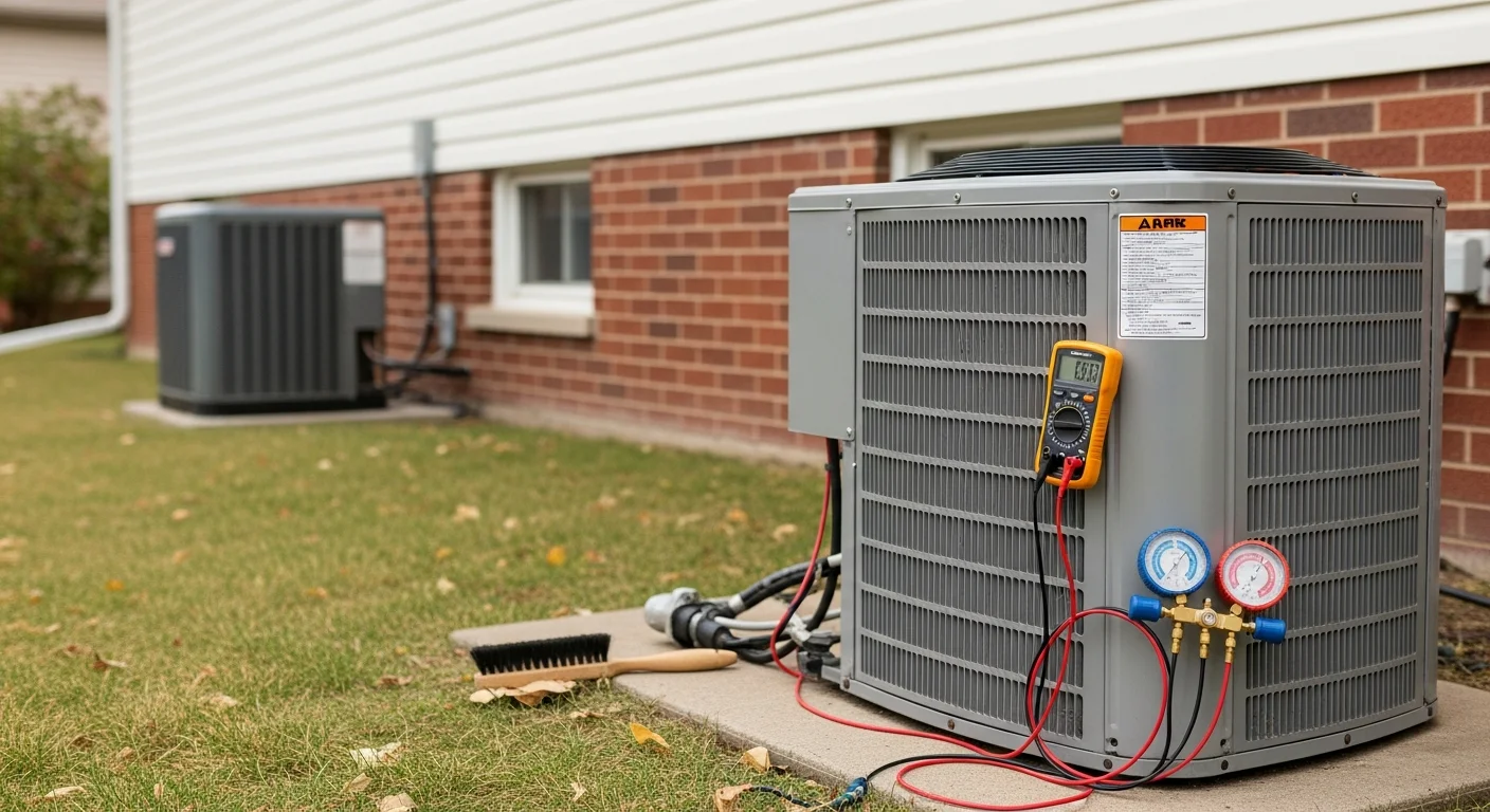 A Perfect Solutions Heating & Air, LLC technician inspecting the outdoor condenser unit of a central air conditioning system at a single-family home in Granite City, Illinois. The technician checks coil condition and refrigerant lines during a scheduled maintenance visit.
