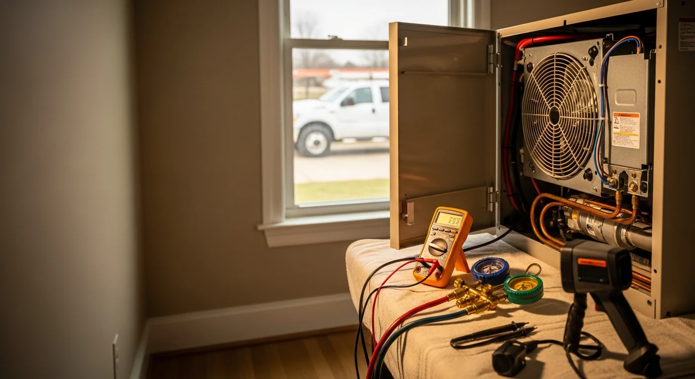 A Perfect Solutions Heating & Air technician inspecting an outdoor central air conditioning unit at a single-family home in Granite City, Illinois. The technician is checking electrical components on a residential AC system during a summer repair visit.