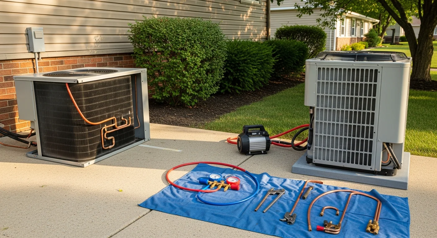 A new central air conditioning condenser unit installed on the side of a post-war single-family home in Granite City, Illinois. The unit sits on a concrete pad next to the foundation, with copper refrigerant lines running into the house.