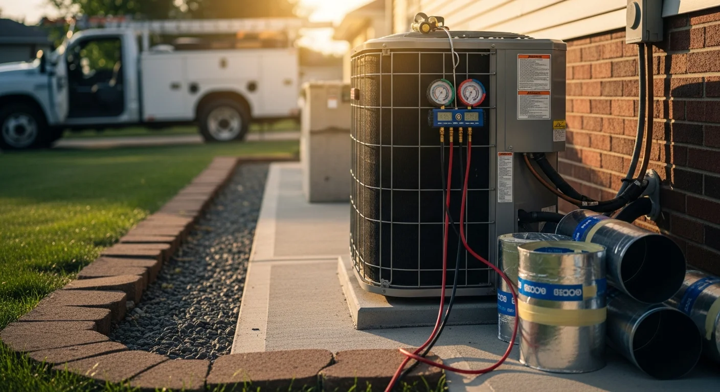 A technician from Perfect Solutions Heating & Air, LLC inspecting a residential cooling system unit outside a home in Granite City, Illinois. The image shows the outdoor condenser unit with the technician reviewing connections during a cooling system upgrade visit.