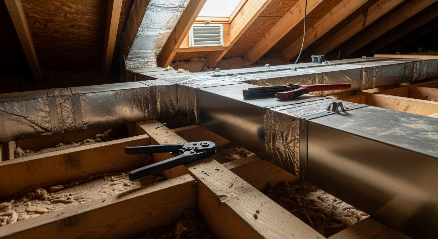 A technician from Perfect Solutions Heating & Air installing new sheet metal ductwork in the basement of an older Granite City, Illinois home. Freshly connected duct runs extend toward floor registers in a clean, organized layout.