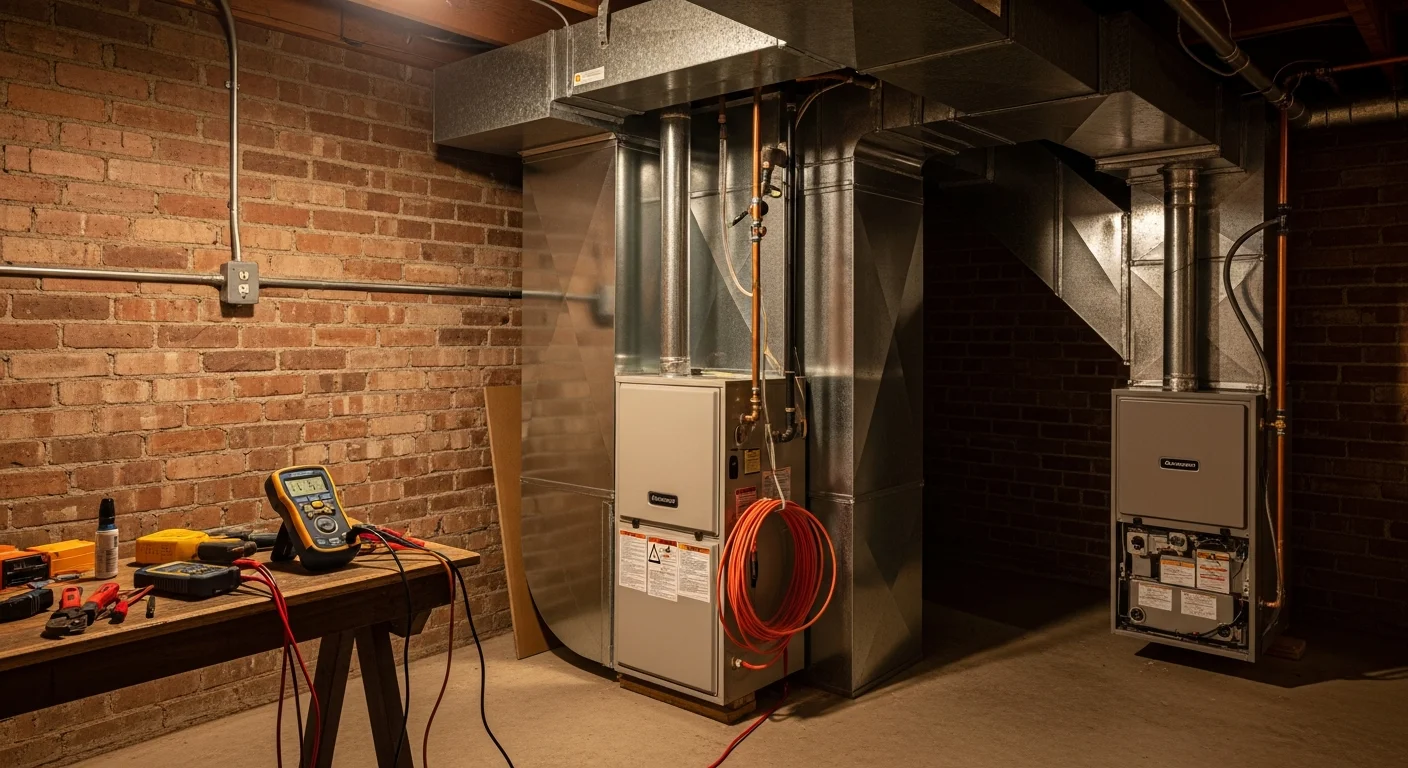 A newly installed gas furnace in the utility room of a Granite City, Illinois home, with clean ductwork connections and a digital thermostat mounted on the adjacent wall. The installation reflects a full system replacement in a mid-century residential property in Madison County.