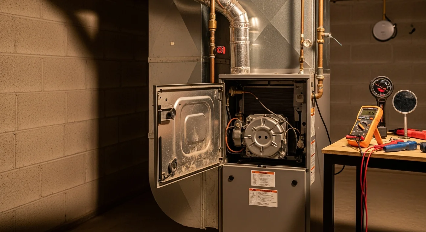 A heating contractor from Perfect Solutions Heating & Air inspecting the interior components of a residential gas furnace in a Granite City, Illinois home. The technician checks the burner assembly and heat exchanger during an annual furnace maintenance visit.