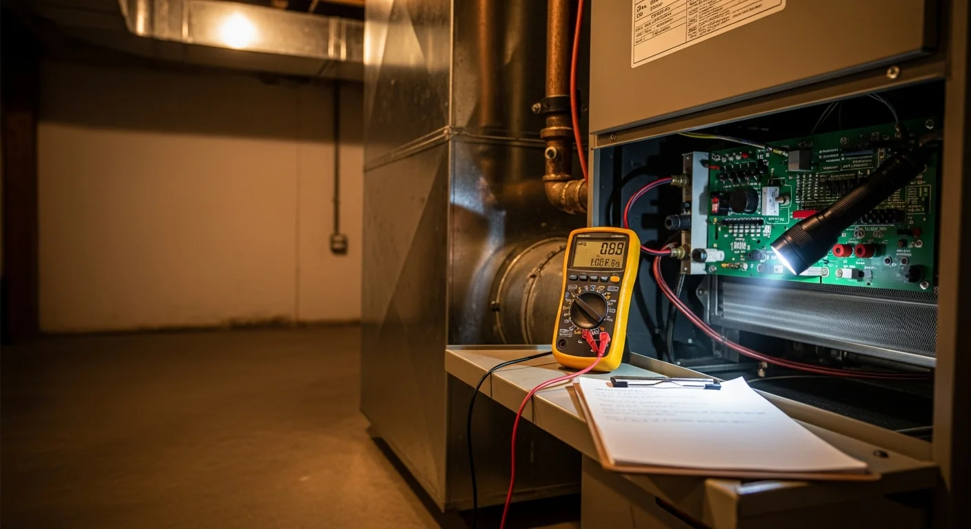 A heating contractor inspecting an open gas furnace inside a Granite City, Illinois home. The technician checks internal components in a utility room typical of mid-century residential construction in Madison County.