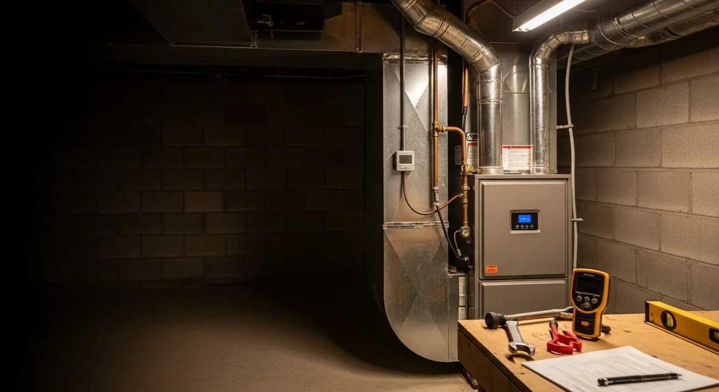 A newly installed gas furnace in the utility room of an older single-family home in Granite City, Illinois, with clean ductwork connections and a digital thermostat visible on the wall.