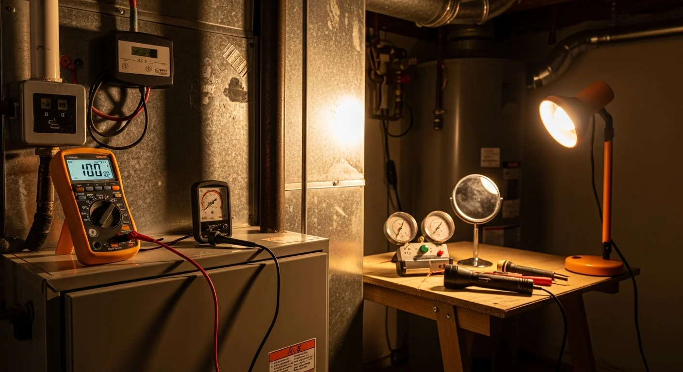 A heating contractor from Perfect Solutions Heating & Air, LLC inspecting a residential furnace in a Granite City, Illinois home. The technician checks internal components and electrical connections during a heating system diagnostic service call.