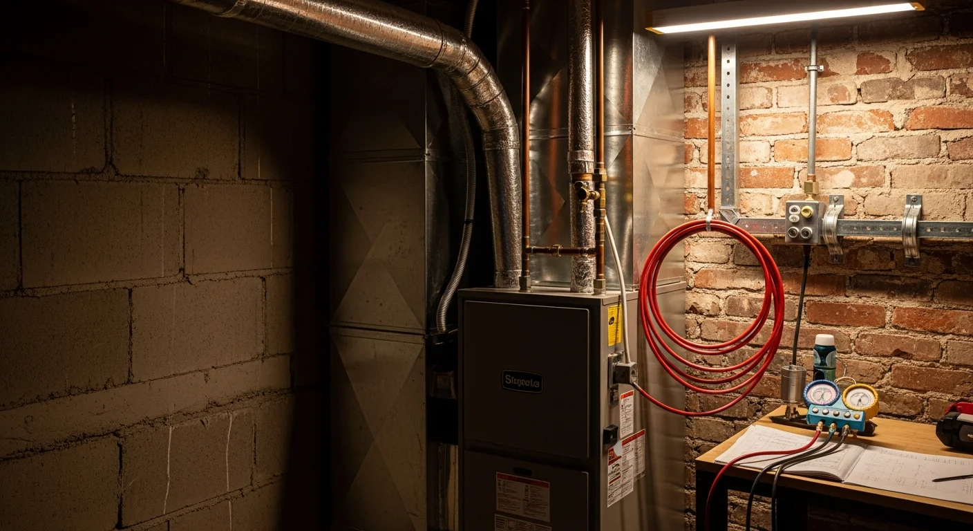 A newly installed HVAC system on the exterior of a single-family home in Granite City, Illinois, with a wall-mounted condenser unit positioned on a concrete pad beside the house. An HVAC technician from Perfect Solutions Heating & Air, LLC checks the unit connections during the final walkthrough.