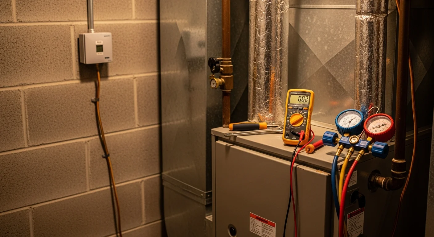 A licensed HVAC technician from Perfect Solutions Heating & Air, LLC inspecting a furnace unit inside a Granite City, Illinois home. The technician checks internal components on an older residential heating system typical of Granite City's established neighborhoods.