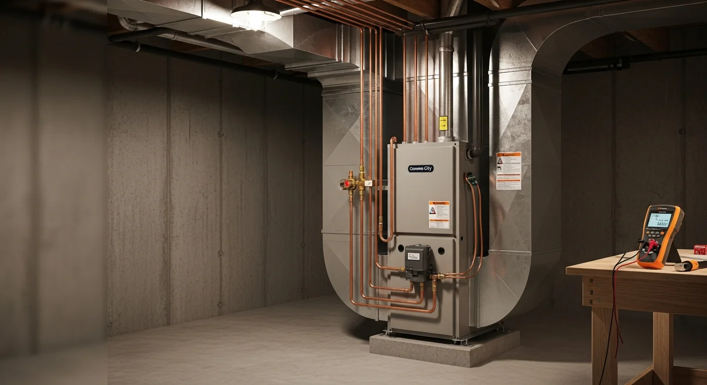 A newly installed HVAC system with an outdoor condenser unit placed beside a residential home in Granite City, Illinois. A technician in a work uniform checks the unit connections after completing the replacement.